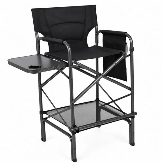 Chaise pliante en métal noir avec plateau latéral