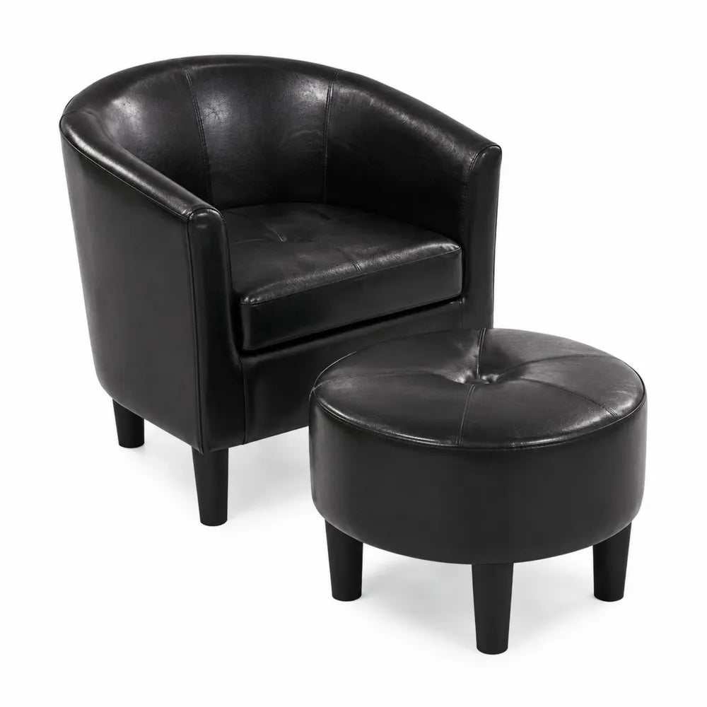 Ensemble Fauteuil et Repose-pieds en Cuir Noir