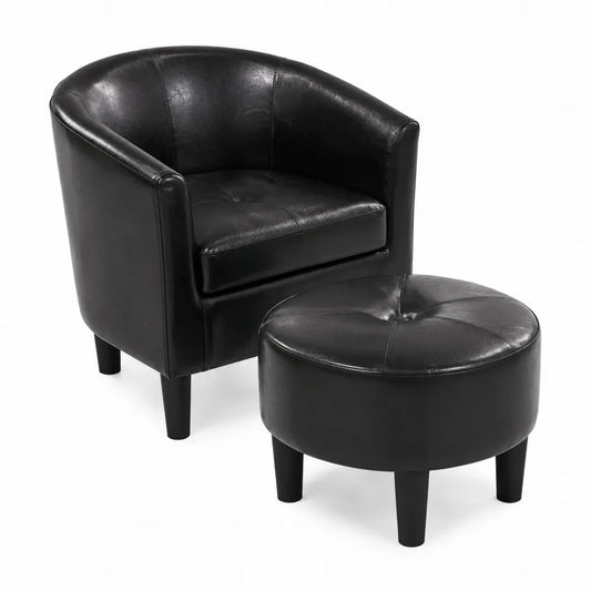 Ensemble Fauteuil et Repose-pieds en Cuir Noir