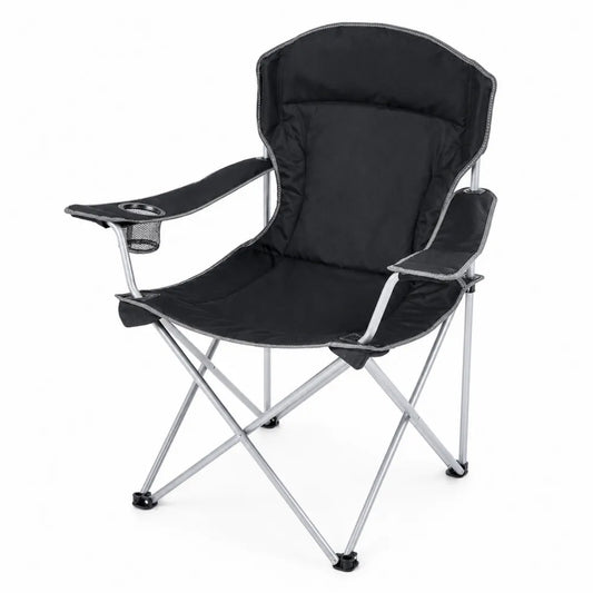 Chaise pliante en polyester noir avec porte-gobelet