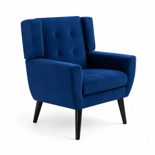 Fauteuil en velours bleu, accoudoirs carrés, pieds en bois de hêtre