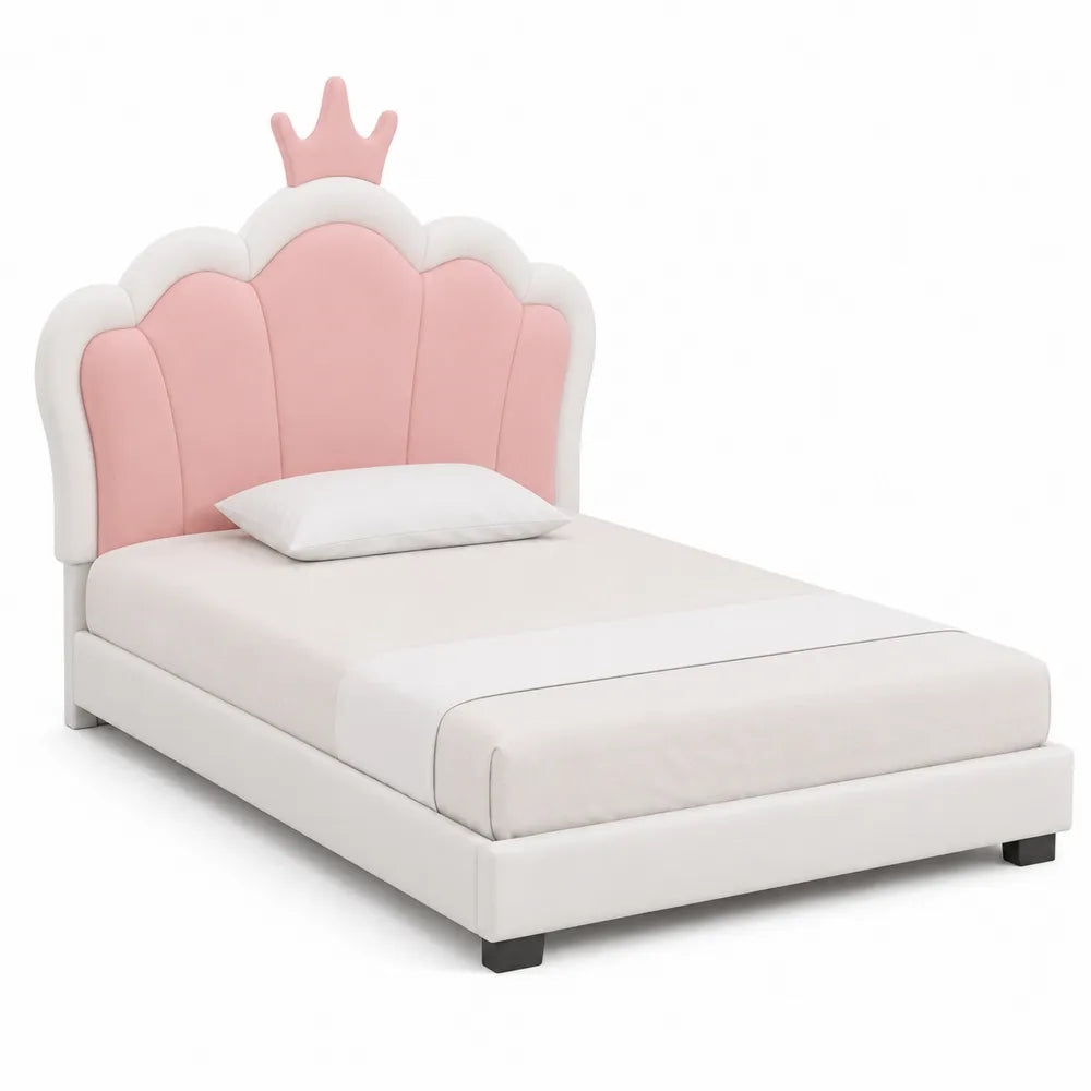 Lit enfant en bois et simili cuir rose et blanc 90x190 cm avec tête de lit couronne