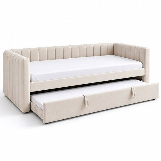 Lit gigogne en tissu lin avec tiroir 200x90 cm Beige