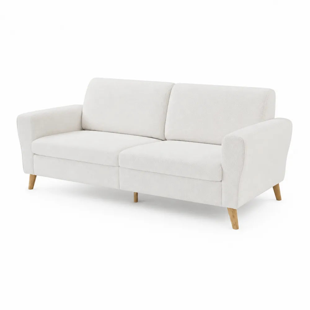 Canapé 3 places tissu polyester, pieds en bois, Blanc